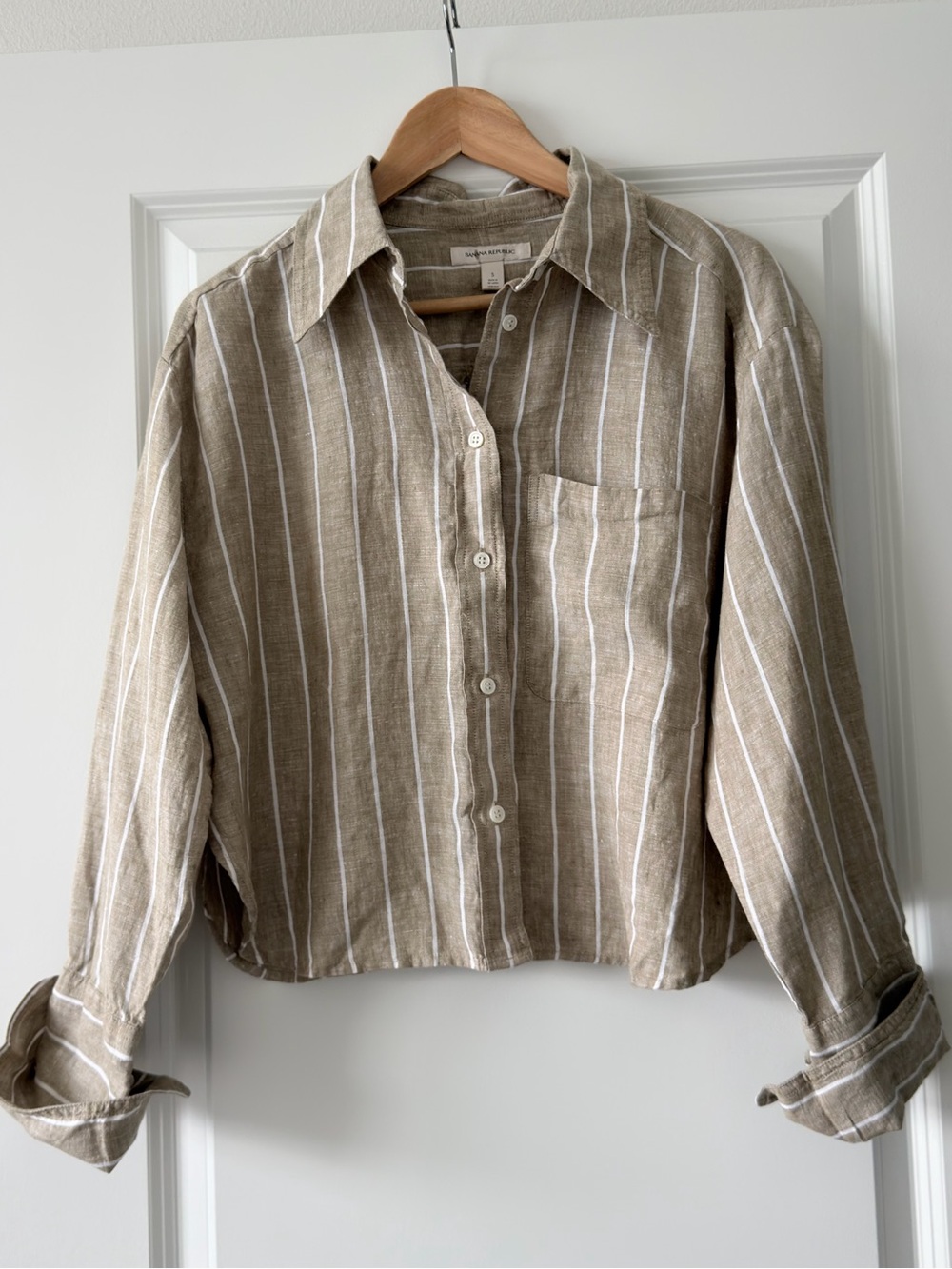 Banana Republic Beige and White Striped Button-Down Shirt 100% linen